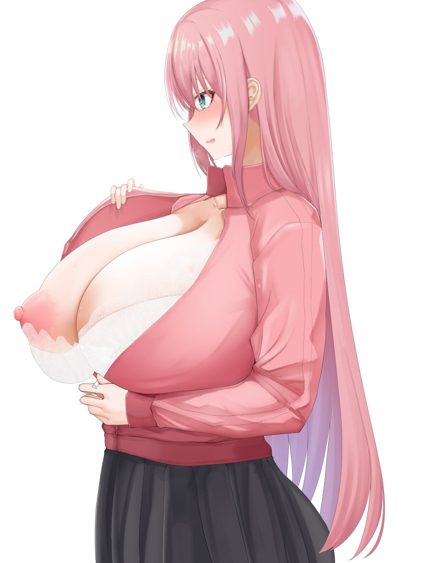 areola blue_eyes blush bocchi_the_rock! bra breasts_out chomikuplus gigantic_breasts gotou_hitori huge_areolae huge_breasts huge_nipples light-skinned_female light_skin long_hair massive_breasts nipples pink_hair puffy_nipples solo_female squatting sweat sweatdrop thick_body thick_female track_suit voluptuous voluptuous_female