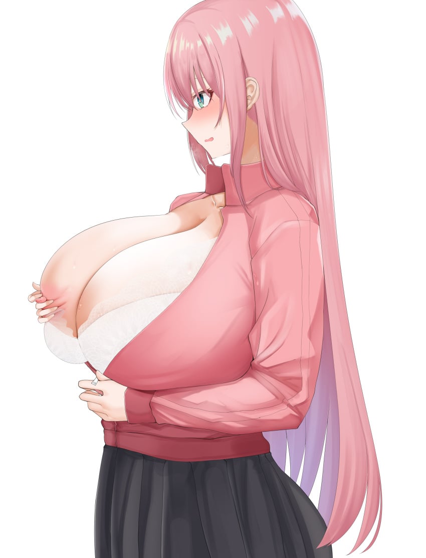 areola blue_eyes bocchi_the_rock! bra breast_grab breasts_out chomikuplus gigantic_breasts gotou_hitori huge_areolae huge_breasts huge_nipples light-skinned_female light_skin long_hair massive_breasts nipples pink_hair puffy_nipples solo_female squatting sweat sweatdrop thick_body thick_female track_suit voluptuous voluptuous_female