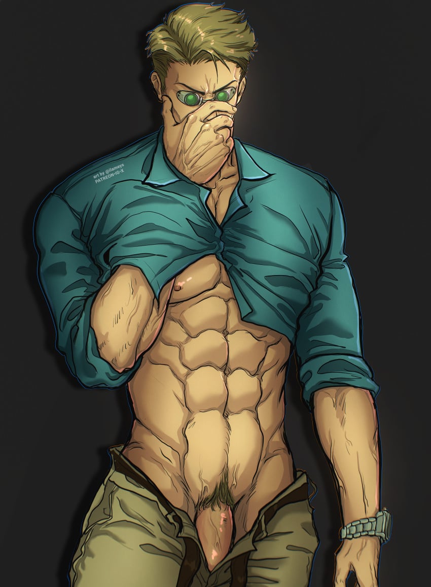 bara blonde_hair bulge bulge_through_clothing clothing daddy jujutsu_kaisen kento_nanami male male_nipples male_only male_pubic_hair masculine_male mature_male muscular muscular_male nipples penis pubic_hair tight_clothing yaoi