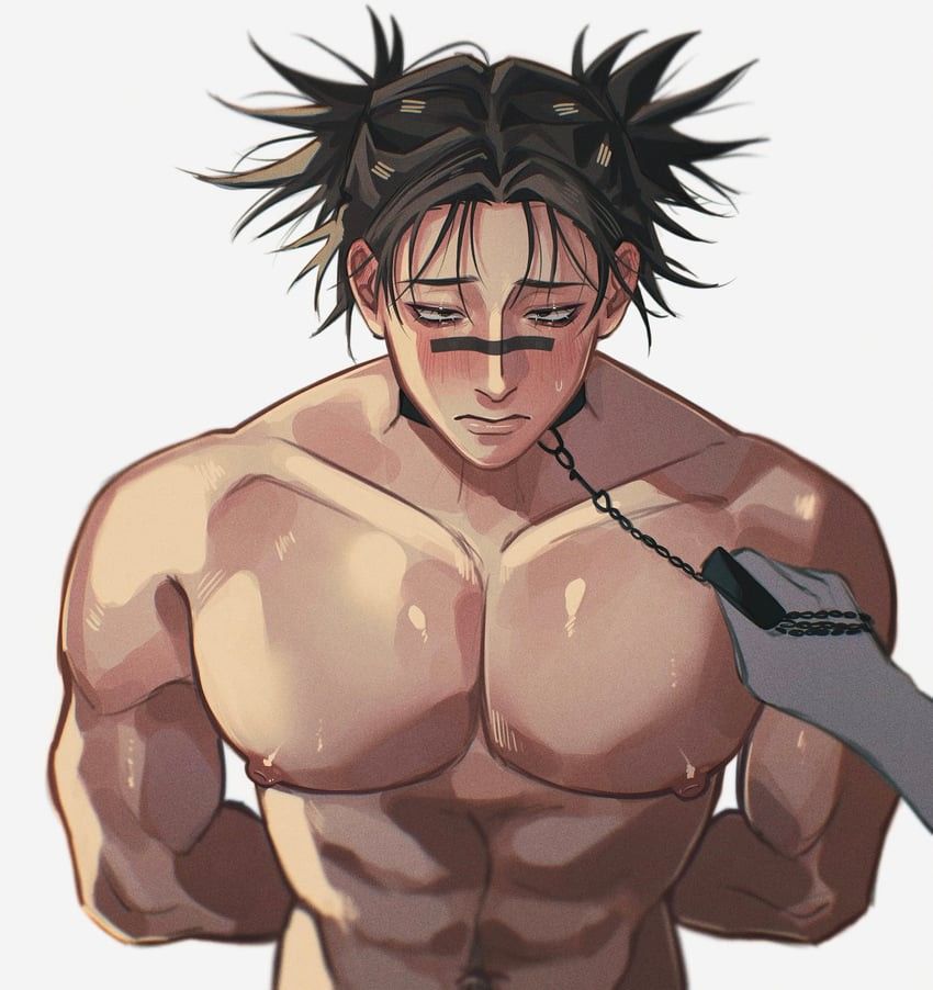 bara blush blushing_at_viewer choso_kamo collar collared erect_nipples jujutsu_kaisen male male_only muscular muscular_chest muscular_male nipples solo_male tied_up xiaoshy