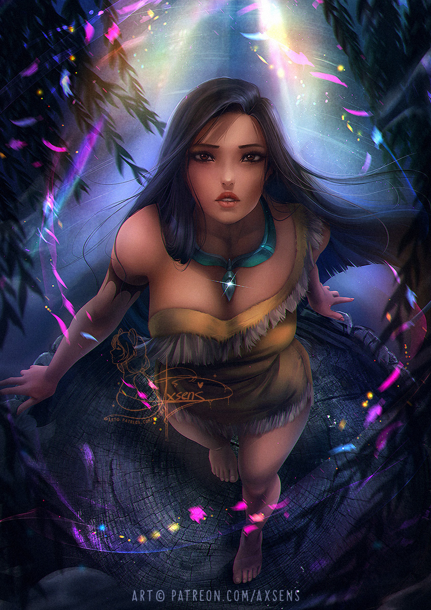 1girl arm_at_side arm_behind_back arm_tattoo axsens bangs bare_arms bare_legs bare_shoulders barefoot big_breasts black_hair breasts brown_eyes cleavage collarbone dark-skinned_female dark_skin depth_of_field disney disney_princess dress expressionless feet female_only female_solo floating_hair from_above full_body jewelry legs lips lipstick long_hair looking_at_viewer looking_up makeup medium_breasts native_american necklace outside parted_bangs parted_lips pocahontas pocahontas_(character) short_dress single-shoulder_dress standing straight_hair tattoo thick_lips thighs tree tree_stump very_long_hair yellow_dress