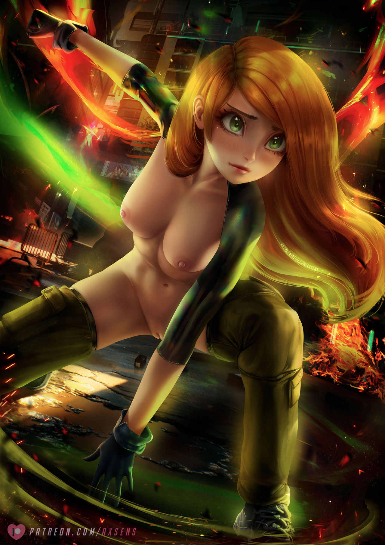 1girl arm_support arm_up axsens bangs belt black_belt black_gloves black_shirt blush breasts breasts_apart brown_hair clenched_hand closed_mouth disney embarrassed female_only female_solo floating_hair gloves green_eyes green_pants heroine kim_possible kimberly_ann_possible lips lipstick long_hair long_sleeves looking_at_viewer makeup medium_breasts mound_of_venus navel neck nipples outstretched_arm pants pink_lipstick pussy shaved_pussy shirt shows shy sneakers squatting straight_hair swept_bangs teenage_girl torn_clothes torn_pants torn_shirt turtleneck turtleneck_shirt uncensored