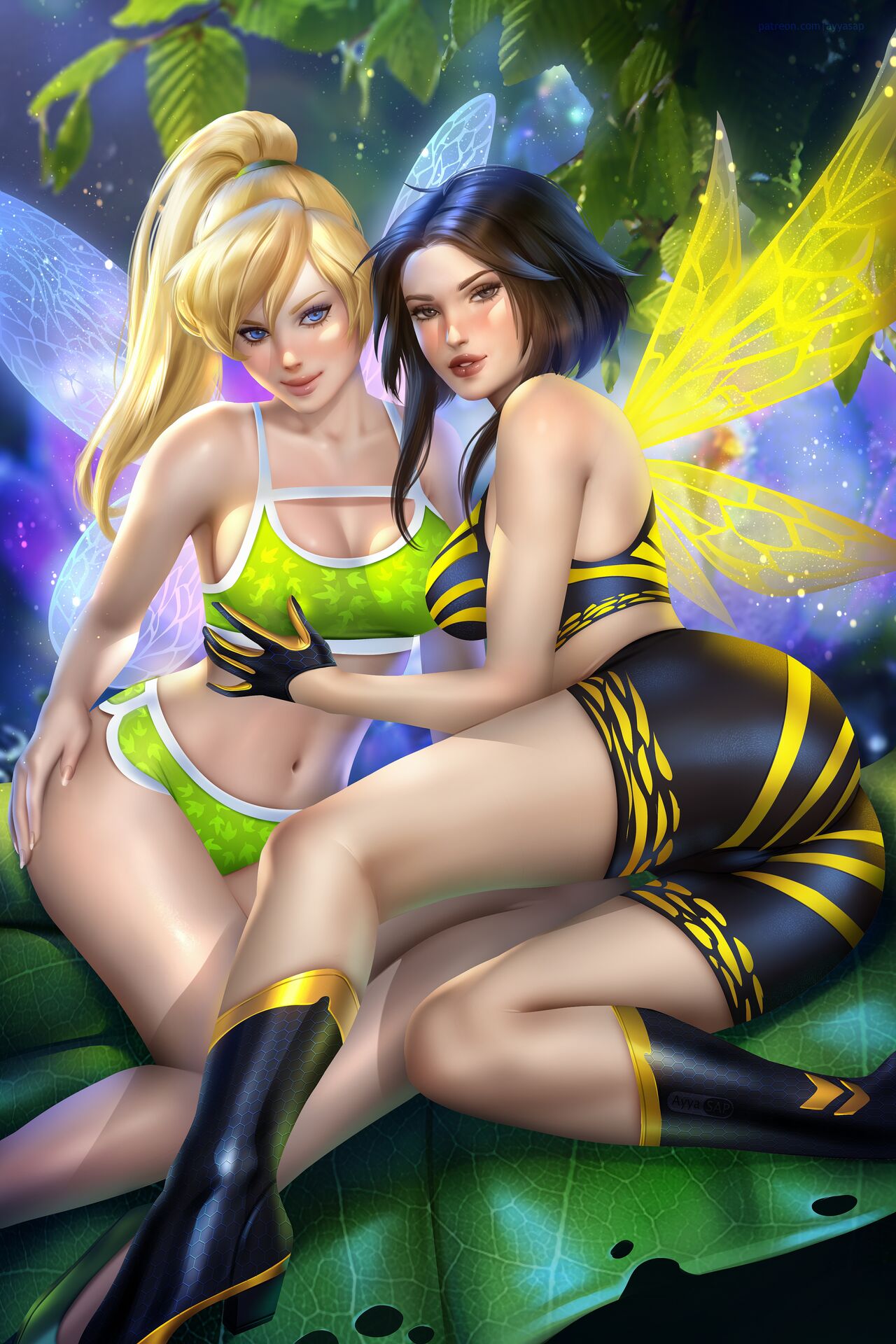 2_girls alternate_costume alternate_hairstyle arm_at_side ass avengers ayyasap bangs bare_arms bare_legs bare_shoulders big_ass black_eyes black_hair blonde_female blonde_hair blue_eyes blush breast_grab breasts brown_lipstick cleavage closed_mouth collarbone couple crossover day disney disney_fairies duo fairy_wings female/female female_only forest grabbing grabbing_another's_breast grin hair_between_eyes half-closed_eyes hand_up head_tilt heroine high_ponytail insect_wings janet_van_dyne leaf leaves legs lips lipstick long_hair looking_at_viewer looking_back love makeup marvel marvel_comics medium_breasts midriff mini_person multiple_girls mutual_yuri naughty_face navel neck outside parted_bangs parted_lips peter_pan peter_pan_(1953_film) pink_lipstick plant ponytail romantic romantic_couple short_hair sidelocks sitting smile straight_hair superheroine swept_bangs thighs tied_hair tinker_bell wasp_(marvel) wings yuri