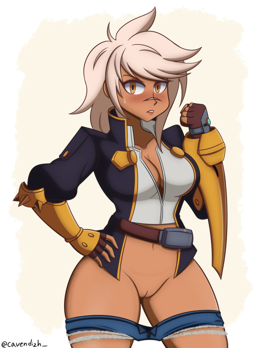 1girl 2d 2d_(artwork) 2d_artwork big_breasts big_thighs blazblue breasts brown_skin bullet_(blazblue) cavendizh clothing curvaceous curvaceous_female curvaceous_figure curvy curvy_figure curvy_hips exposed_pussy female female_focus female_genitalia female_only genitalia genitals girly girly_girl looking_at_viewer pussy short_hair solo solo_female solo_focus thick_thighs thighs white_hair