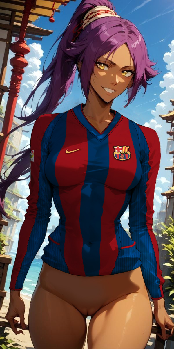 bleach bottomless dark_skin fc_barcelona long_hair long_sleeves looking_at_viewer nekom14 no_panties no_pants ponytail purple_hair pussy shihouin_yoruichi smiling_at_viewer soccer_jersey yellow_eyes yoruichi_shihouin