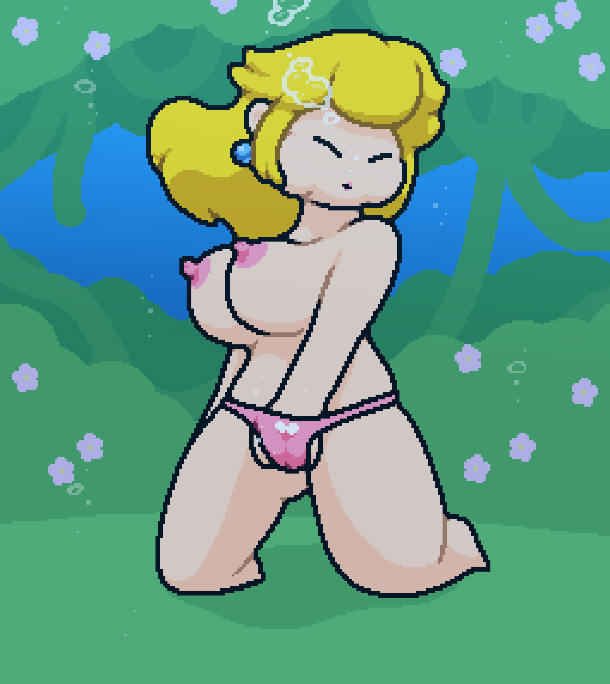 1girl big_breasts blonde blonde_female blonde_hair breasts bubble bubbles earring earrings female flower holding_breath mario_(series) masturbation nintendo panties pink_panties plant princess princess_peach solo super_mario_bros. topless topless_female underwater underwater_masturbation water zxtomatofan
