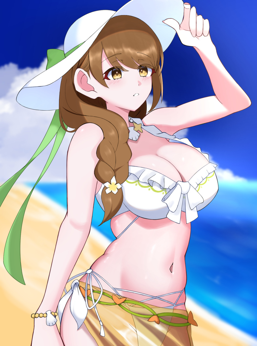 1girl 1girl alluring beach big_breasts bikini braid brown_hair cleavage fire_emblem fire_emblem_engage fire_emblem_heroes gold_sarong goldmary_(fire_emblem) goldmary_(summer)_(fire_emblem) hat high_res intelligent_systems long_hair nintendo ocean official_alternate_costume ondur outside sarong see-through_clothes see-through_sarong side_ponytail sun_hat swimsuit white_bikini yellow_eyes yellow_sarong