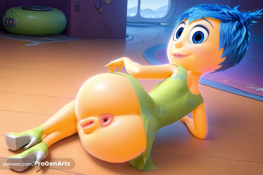 1girl 1girl 1girl ai_generated anus ass blue_eyes blue_hair clothes_lift disney dress dress_lift from_behind green_dress high_res inside_out inside_out_2 joy_(inside_out) looking_back lying no_panties on_side pixar progenarts pussy short_dress short_hair smile uncensored watermark web_address window