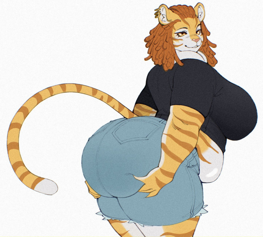 1girl 1girl 2d 2d_(artwork) 2d_artwork anthro ass belly breasts chubby chubby_anthro chubby_belly chubby_female denim denim_bottomwear denim_clothing denim_shorts hair huge_ass huge_ass huge_breasts huge_thighs lips looking_at_viewer looking_back looking_back_at_viewer mane nocturne_nsfw oc original original_character original_characters shirt shorts tail thick thick_ass thick_butt thick_hips thick_legs thick_thighs tiger tiger_ears tiger_girl white_background wide_ass wide_hipped_female wide_hips wide_thighs