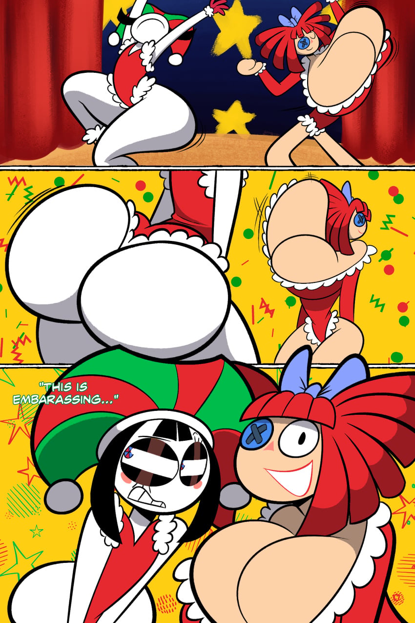 1girl 2_girls ass ass_bigger_than_head ass_bigger_than_torso ass_shake big_ass big_breasts big_breasts big_breasts black_hair bottom_heavy breasts breasts_bigger_than_head breasts_bigger_than_torso bubble_butt christmas christmas_outfit cleavage clothing dancing dialogue doll_girl fat_ass female_only hat huge_ass huge_breasts jester_hat large_ass massive_ass massive_breasts no_bra oboithisisfunky png pomni_(the_amazing_digital_circus) ragatha_(the_amazing_digital_circus) red_hair shaking_ass stage swinging_breasts text the_amazing_digital_circus thick_ass thick_thighs thunder_thighs top_heavy white_skin wide_hips