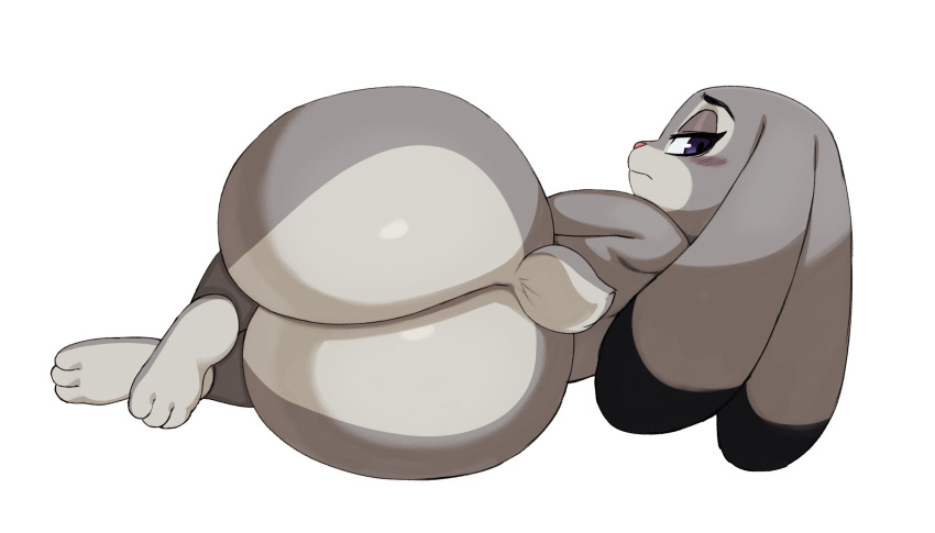 1girl 2022 3_toes anthro ass ass_crack ass_focus big_ass black_body black_fur blush bottom_heavy bubble_ass bubble_butt butt_crack butt_focus cute cute_face dat_ass dipstick_ears disney eyelashes fat_ass fat_butt feet female female_only fur grey_body grey_fur half-closed_eyes high_res huge_ass judy_hopps lagomorph large_ass large_butt leporid long_ears looking_at_viewer looking_back looking_back_at_viewer lying mammal multicolored_body multicolored_ears narrowed_eyes nude on_side purple_eyes rabbit rear_view scut_tail short_tail simple_background solo solo_female solo_focus sssonic2 thick_ass thick_thighs toes two-tone_body white_background wide_hips zootopia