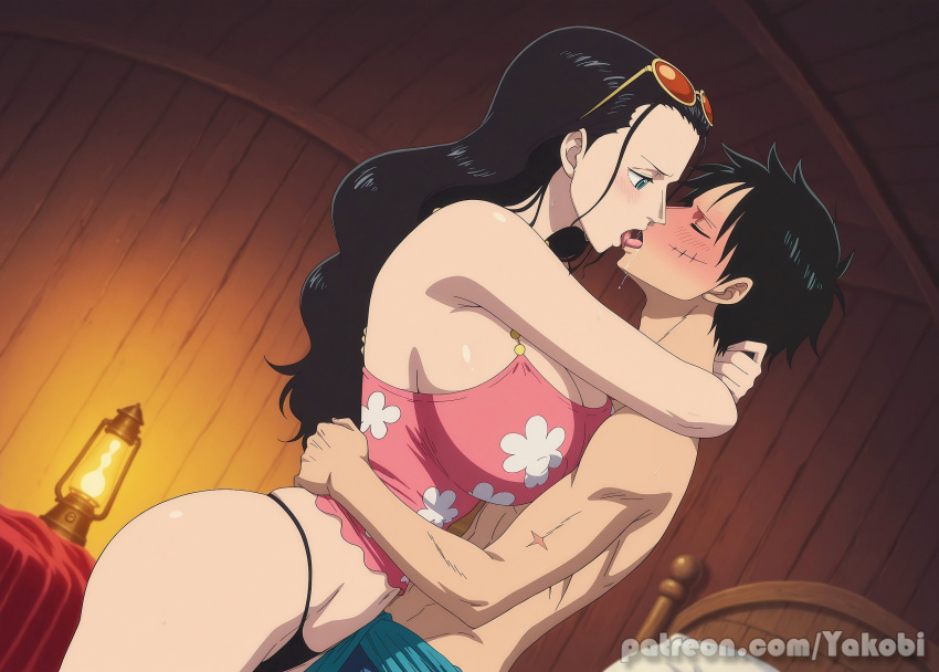 1girl ai_generated ass before_sex big_ass big_breasts black_panties kissing male male/female mature_female milf monkey_d._luffy nico_robin one_piece thick_thighs
