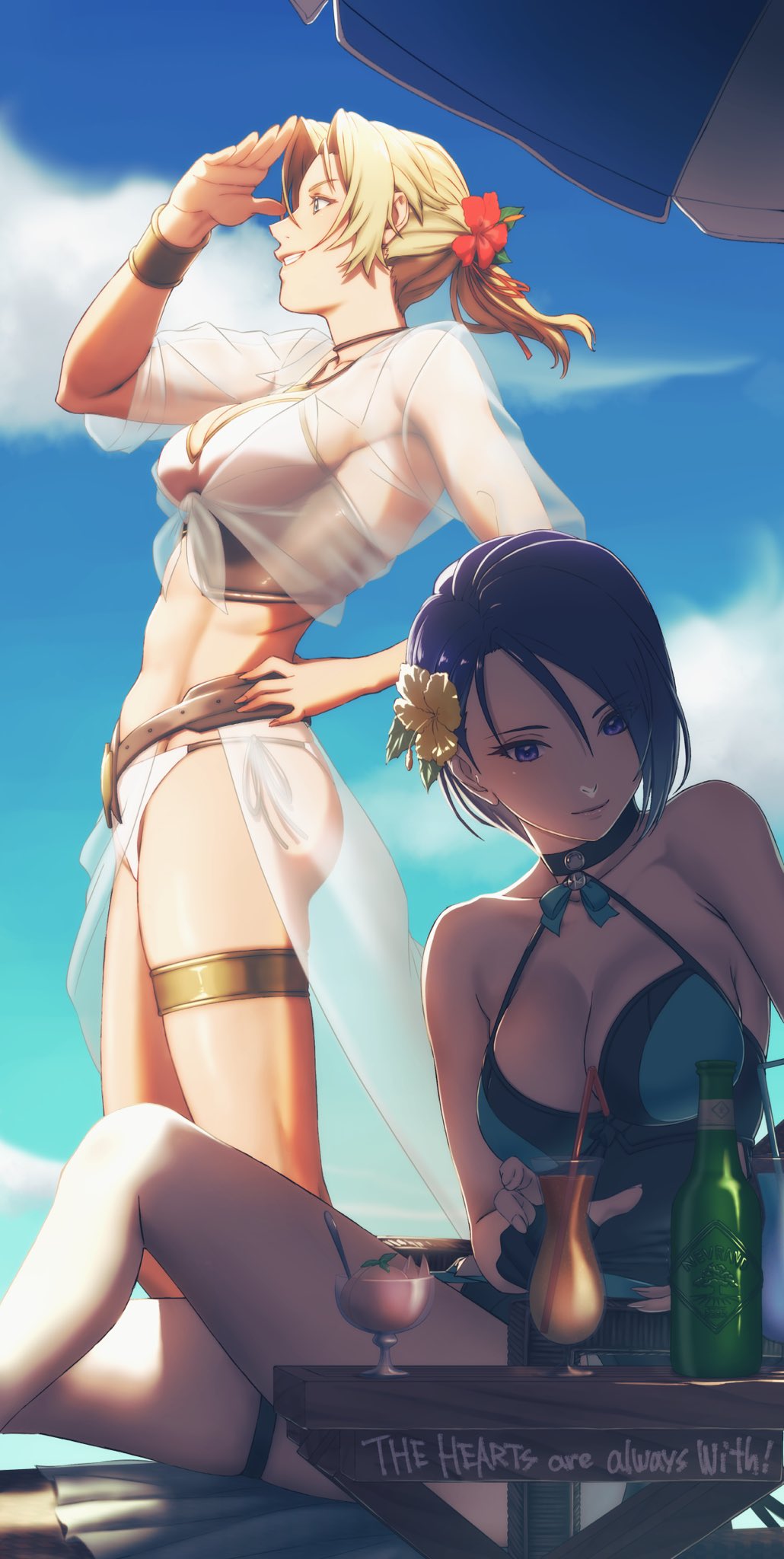 2_girls abs aduti_momoyama alluring ass asymmetrical_hair athletic_female bare_shoulders beach_chair beach_umbrella big_breasts bikini black_one-piece_bikini blonde_hair blue_eyes blue_sky bracelet catherine_(fire_emblem) catherine_(summer)_(fire_emblem) choker cleavage closed_mouth cocktail_glass collarbone cup dark-skinned_female dark_skin drinking_glass drinking_straw english_text female_abs fire_emblem fire_emblem:_three_houses fire_emblem_heroes fit_female flower from_side hair_flower hair_ornament hibiscus high_res intelligent_systems jewelry legs long_hair mature_female multiple_girls navel nintendo official_alternate_costume one-piece_bikini open_mouth outside ponytail purple_eyes purple_hair sarong see-through_clothes see-through_sarong shade shading_eyes shamir_nevrand shamir_nevrand_(summer) short_hair sky smile stomach swimsuit thighlet tropical_drink umbrella white_bikini
