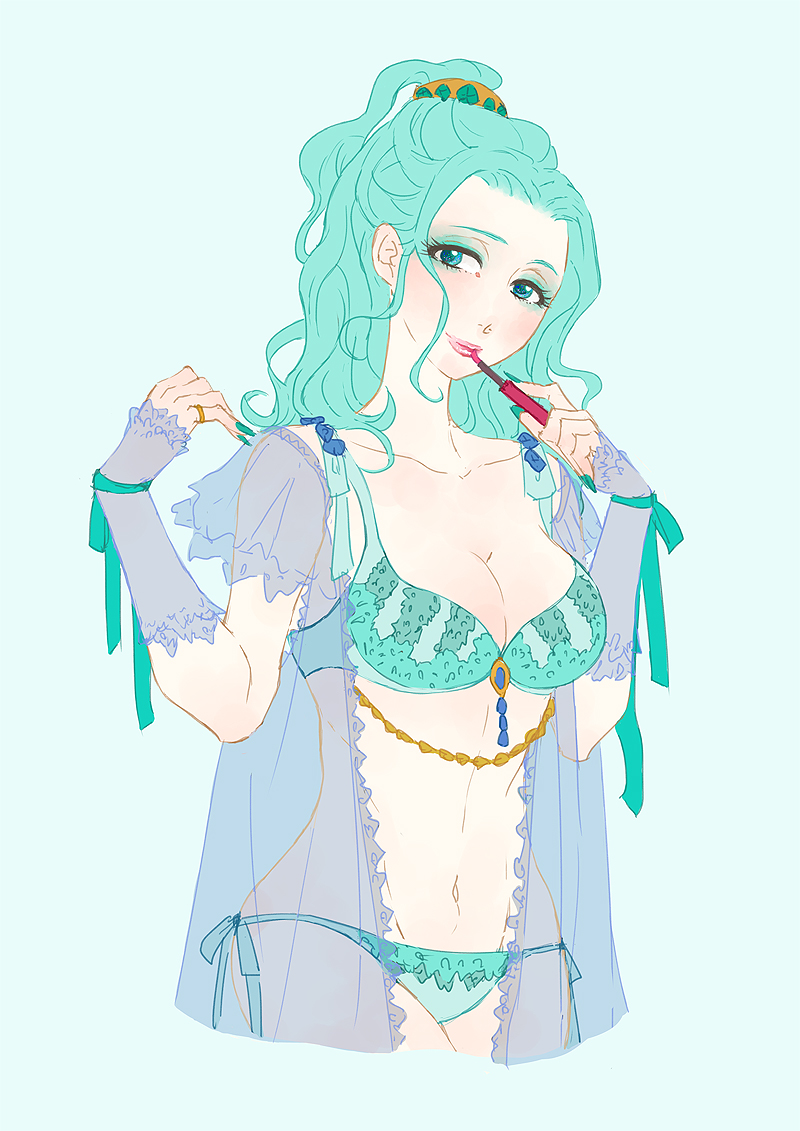 1990s_(style) 1girl 1girl adult_swim alluring applying_makeup applying_own_makeup aqua_background big_breasts bishoujo_senshi_sailor_moon bishoujo_senshi_sailor_moon_s bishoujo_senshi_sailor_moon_s_the_movie bishoujo_senshi_sailor_moon_supers bishoujo_senshi_sailor_moon_supers_the_movie bow bra cleavage eyeshadow female_focus fingernails gloves hair_ornament jewelry lace lace_gloves lingerie lipstick long_fingernails makeup michiru_kaiou nail_polish navel panties retro_artstyle ring see-through_clothes side-tie_panties simple_background teal_eyes teal_hair toei_animation toonami underwear underwear_only viz_media wavy_hair yangyieva