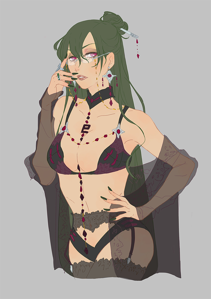 1990s_(style) 1girl adjusting_eyewear adult_swim alluring big_breasts bishoujo_senshi_sailor_moon bishoujo_senshi_sailor_moon_r bishoujo_senshi_sailor_moon_s bishoujo_senshi_sailor_moon_s_the_movie bishoujo_senshi_sailor_moon_supers bishoujo_senshi_sailor_moon_supers_the_movie black_panties black_thighhighs bra choker cleavage crimson_eyes dark-skinned_female dark_green_hair dark_skin earrings eyeshadow female_focus fingernails garter_belt glasses green_nails grey_background hair_bun half_updo hand_on_own_hip jewelry lace lace-trimmed_legwear lace_trim lingerie lipstick long_fingernails long_hair lots_of_jewelry makeup nail_polish panties retro_artstyle ring setsuna_meiou simple_background single_hair_bun stockings thighs toei_animation toonami underwear underwear_only very_long_hair viz_media yangyieva