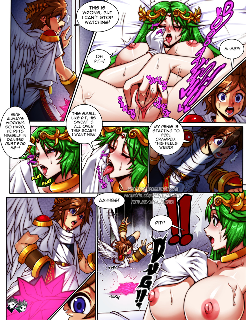 1boy 1girl 1girl accidental_circumstance angel bed big_breasts brown_hair clothed_male_nude_female comic deity dropping_object erection_under_clothes exclamation_point falling falling_over female_masturbation goddess green_hair jadenkaiba kid_icarus kid_icarus_uprising licking_clothing male masturbation nintendo nude nude_female palutena pit pit_(kid_icarus) shocked sniffing_clothes tagme voyeur
