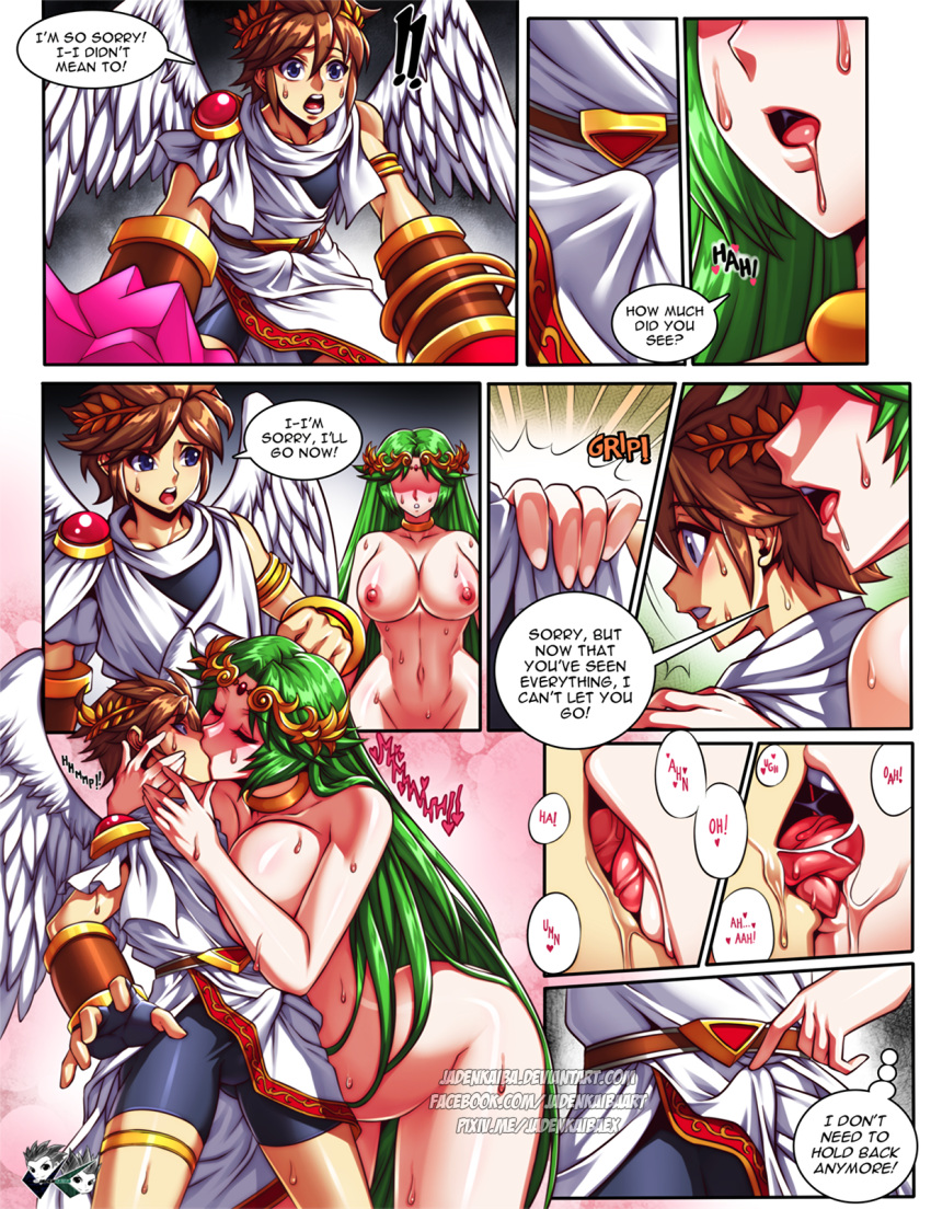 1boy 1girl 1girl angel big_breasts brown_hair clothed_male_nude_female comic deity erection_under_clothes french_kiss french_kissing goddess green_hair imminent_sex jadenkaiba kid_icarus kid_icarus_uprising kissing larger_female male nintendo nude nude_female palutena pit pit_(kid_icarus) size_difference smaller_male tagme
