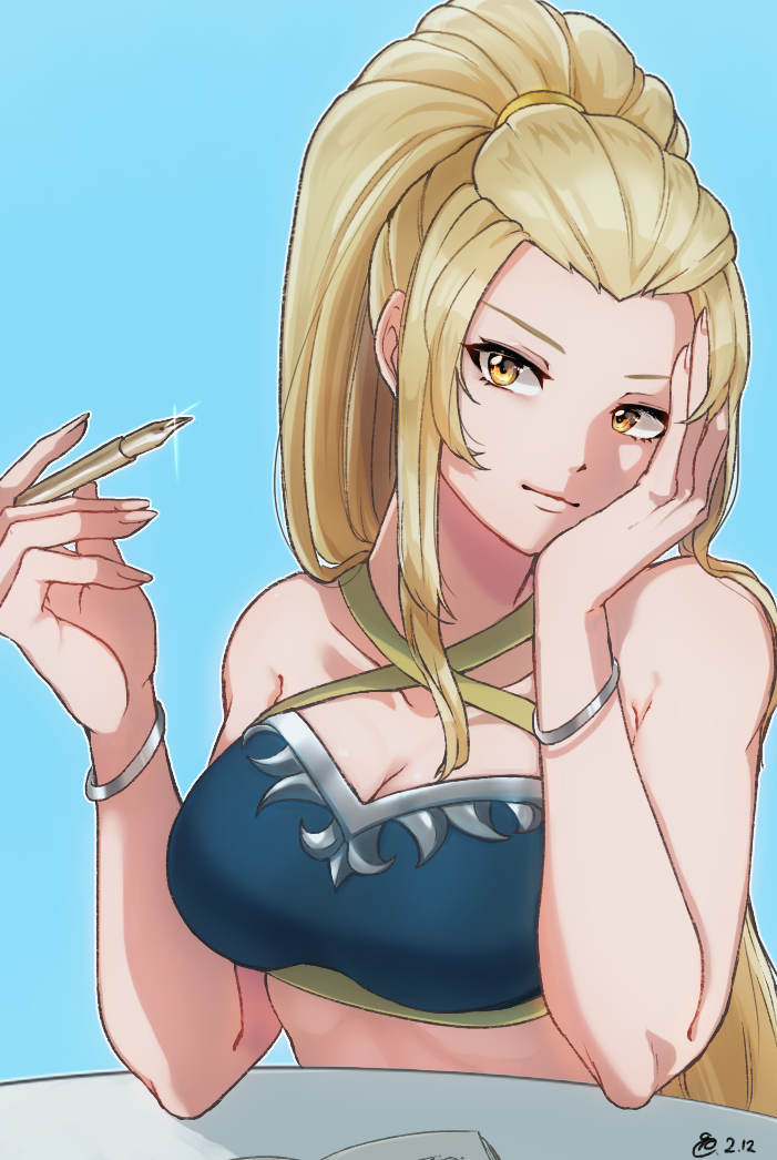 1girl 1girl alluring alternate_costume big_breasts bikini blonde_hair blue_bikini cleavage fingernails fire_emblem fire_emblem_engage hair_slicked_back high_ponytail holding holding_quill intelligent_systems jade_(fire_emblem) kizi_sizui23 long_fingernails long_hair looking_at_viewer nintendo ponytail quill smile swimsuit very_long_hair yellow_eyes