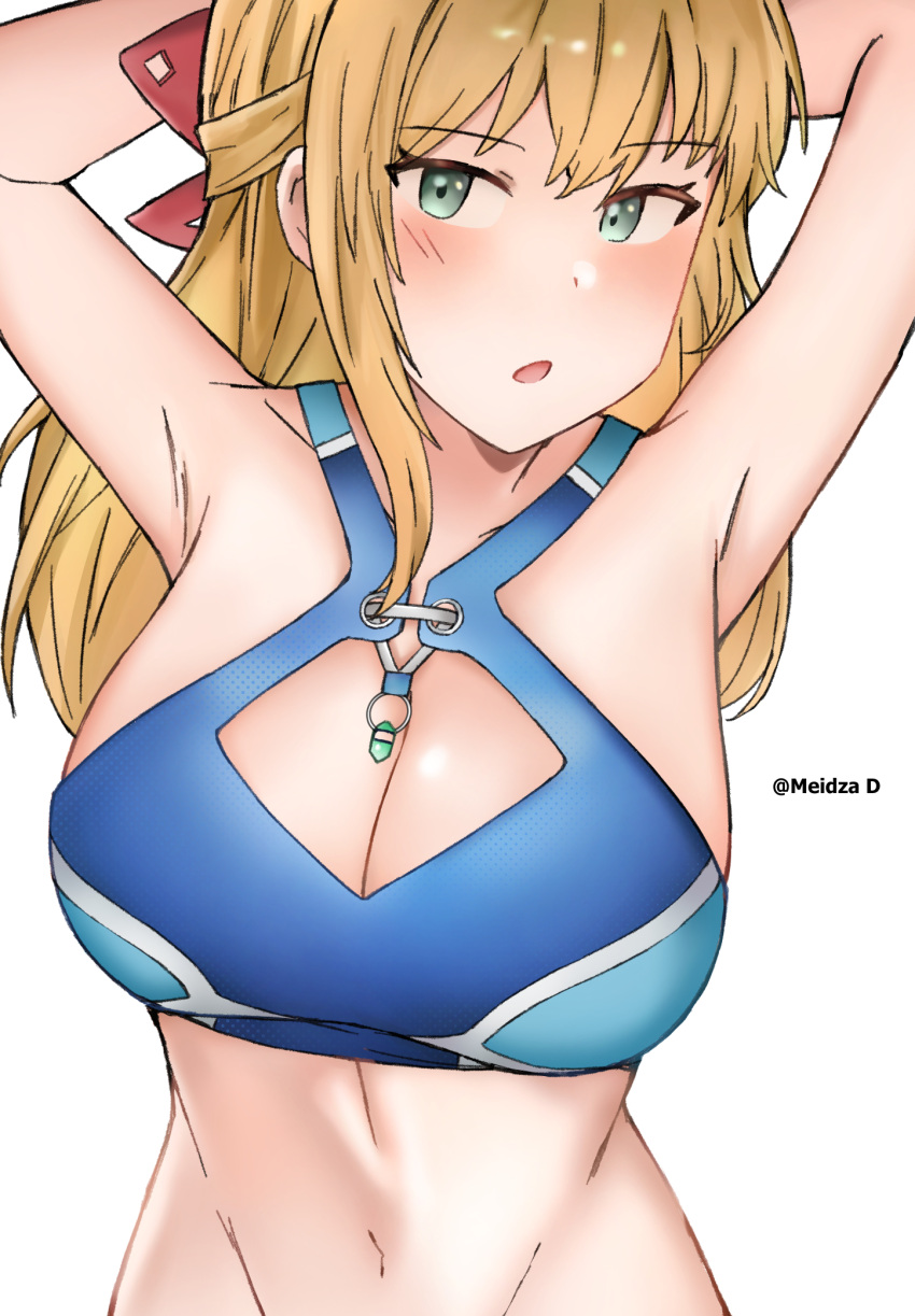 1girl 1girl alluring arms_up big_breasts bikini blonde_hair blush cleavage fiora_(xenoblade) green_eyes meidza_d tagme xenoblade_(series) xenoblade_chronicles