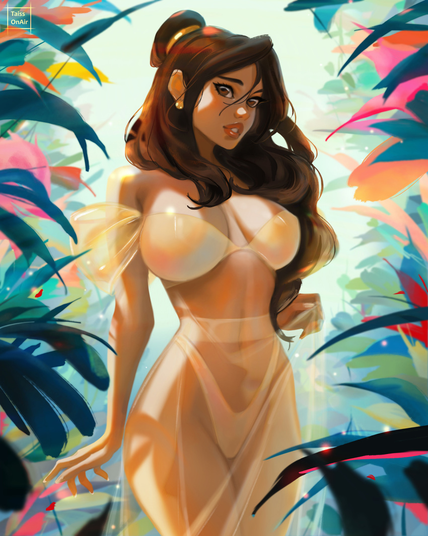 1girl adapted_costume alternate_costume arm_at_side bare_arms bare_shoulders beauty_and_the_beast beauty_and_the_beast_(1991_film) big_breasts blurry breasts breasts_apart brown_eyes brown_hair brown_lipstick coffeeart covered_navel day depth_of_field disney disney_princess expressionless female_only female_solo forest hair_between_eyes hair_bun hand_up highleg highleg_panties legs legs_together lips lipstick long_hair looking_at_viewer makeup midriff nature neck off-shoulder_dress off_shoulder orange_lipstick outside panties parted_lips plant princess princess_belle revealing_clothes see-through see-through_clothes see-through_dress standing straight_hair thick_lips thighs tied_hair underwear yellow_dress yellow_panties yellow_underwear