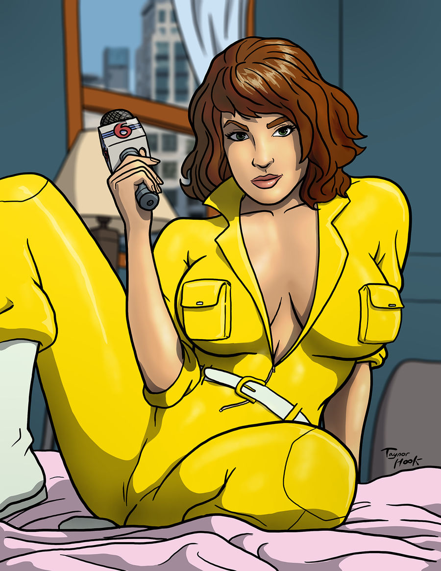 1girl april_o'neil april_o'neil_(tmnt_1987) arm_behind_back bed belt big_breasts breasts brown_hair city cityscape closed_mouth collarbone day female_only female_solo green_eyes hand_up holding holding_microphone holding_object indoors lips lipstick looking_at_viewer makeup microphone naughty_face nickelodeon on_bed pink_lipstick reporter short_hair sitting sitting_on_bed smile taynorhook teenage_mutant_ninja_turtles teenage_mutant_ninja_turtles_(1987) thick_eyebrows thick_lips tmnt tmnt_1987 white_belt window yellow_clothing