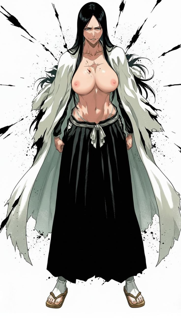 big_breasts black_hair bleach bleach:_the_thousand-year_blood_war evil_smile long_hair nekom14 nipples no_bra no_shirt scar_on_chest scar_on_sternum shihakusho topless unohana_retsu