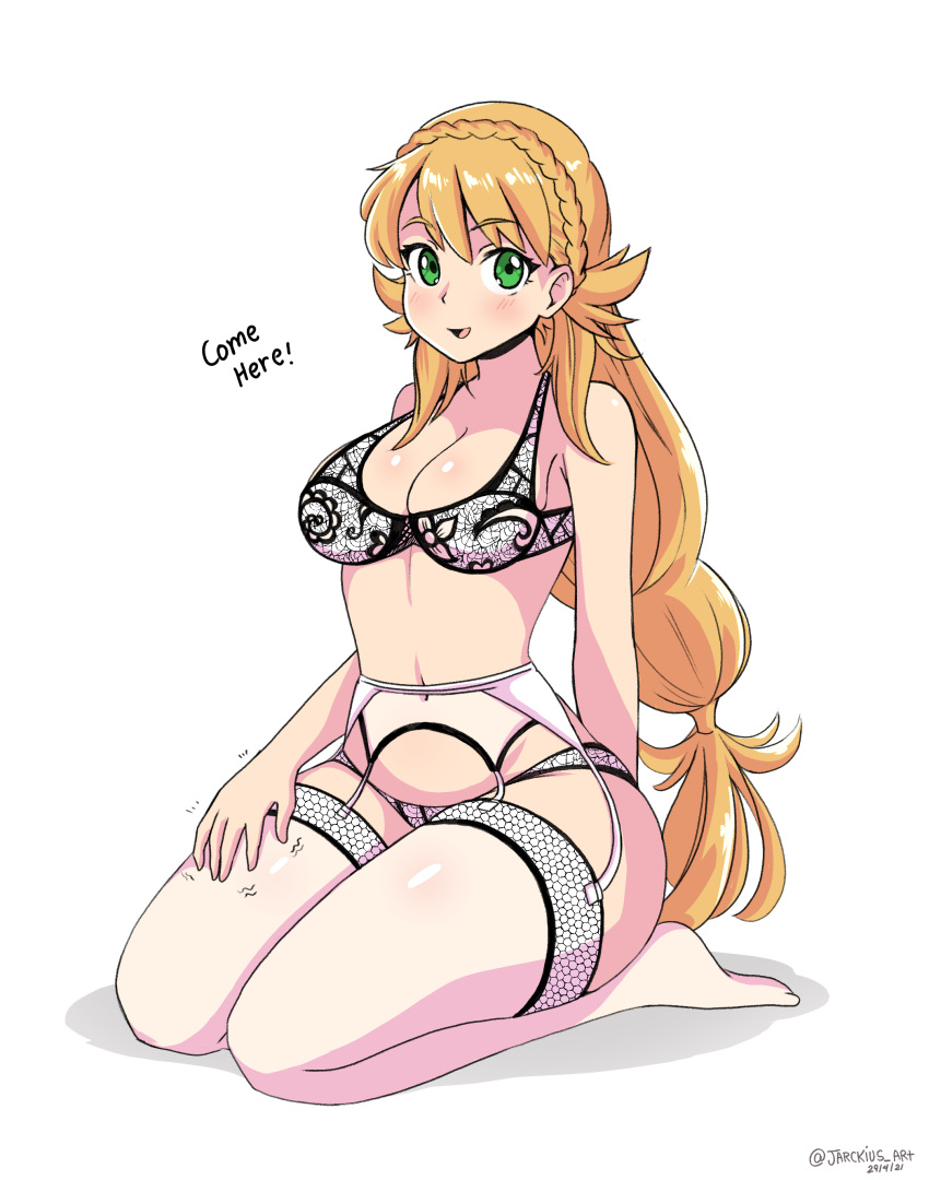 1girl 1girl 1girl absurd_res alluring bare_thighs blonde_hair blush bra cleavage commission english_commentary english_text female_only fire_emblem fire_emblem_heroes garter_belt garter_straps green_eyes high_res intelligent_systems inviting jarckius lap_pillow_invitation lingerie looking_at_viewer medium_breasts nintendo no_pants no_shoes open_mouth panties sharena_(fire_emblem) stockings text thighs underwear white_bra white_legwear white_panties white_thighhighs
