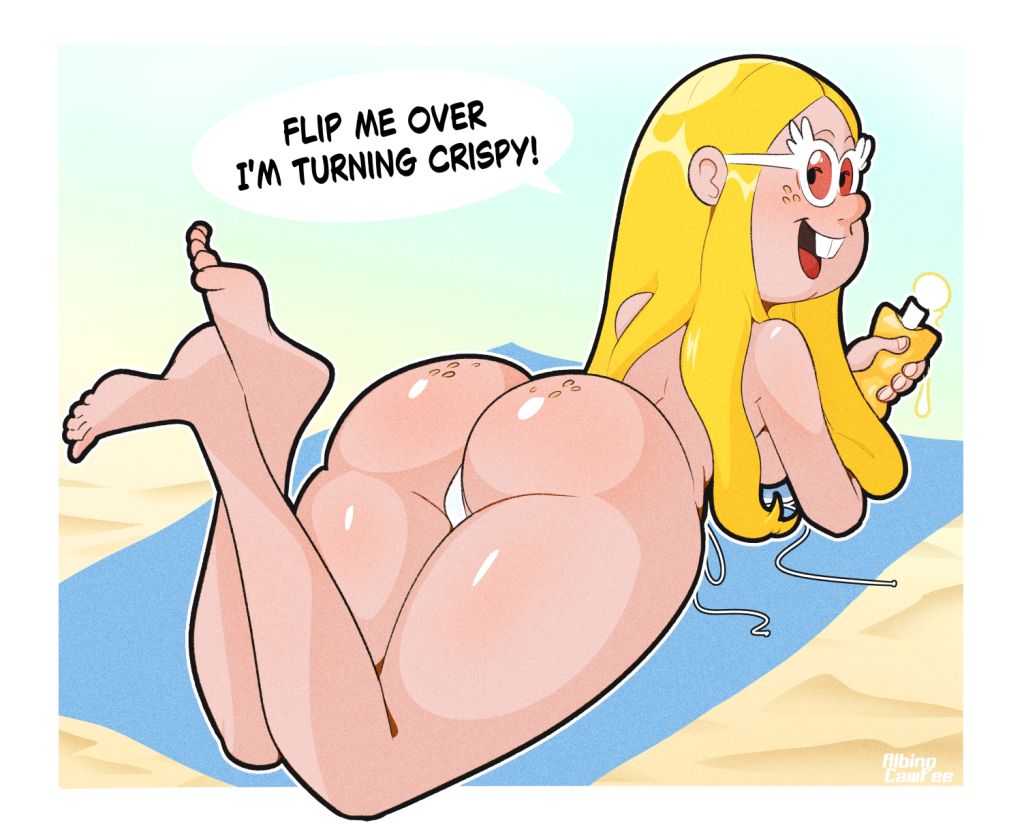 1girl ass bikini bikini_bottom blonde_hair bubble_butt ed,_edd,_'n'_eddy freckles freckles_on_ass freckles_on_face kanker kanker_sisters long_hair looking_at_viewer looking_back may_kanker on_stomach shiny_skin smile solo_female solo_focus sunglasses thong thong_bikini topless wide_hips