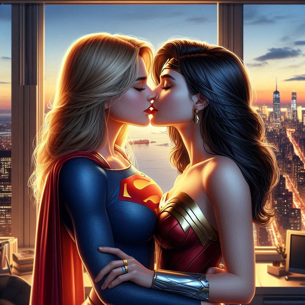 2_girls alien_girl amazon bangs bare_shoulders big_breasts black_hair blonde_female blonde_hair blue_shirt bracer breast_press breasts cape city cityscape closed_eyes cloud collarbone couple dc_comics dcau diana_prince duo earrings female/female female_only gold_earrings gold_jewelry heroine hugging indoors jewelry justice_league justice_league_unlimited kara_zor-el kissing kryptonian leotard lips lipstick long_hair long_sleeves love makeup medium_breasts multiple_girls mutual_yuri neck ocean parted_bangs red_cape red_leotard red_lipstick ring romantic romantic_couple shirt silver_jewelry skin_tight sky straight_hair strapless strapless_leotard sunset supergirl supergirl_(series) superhero_costume superheroine superman_(series) symmetrical_docking themysciran thesupergirlfan thesupergirlfan_(artist) tiara water window wonder_woman wonder_woman_(series) yuri