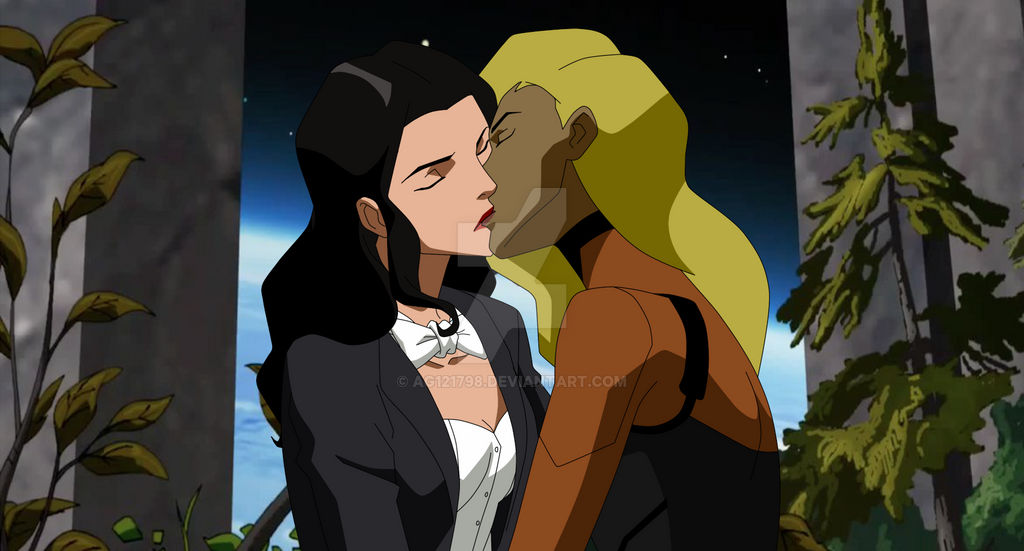 2_girls arm_at_side arms_at_sides artemis_crock bangs black_bodysuit black_hair black_jacket blonde_female blonde_hair bodysuit bow bowtie breasts cleavage closed_eyes corset couple dark-skinned_female dark_skin dc_comics dcau duo female/female female_only friends heroine indoors interracial interracial_yuri jacket kissing lips lipstick long_hair long_sleeves love magician makeup medium_breasts multicolored_bodysuit multicolored_clothes multiple_girls mutual_yuri neck open_clothes open_jacket orange_bodysuit parted_bangs plant red_lipstick romantic romantic_couple sidelocks skin_tight small_breasts space_station straight_hair strapless superheroine tigress_(dc) two-tone_bodysuit upper_body watchtower white_bow white_bowtie white_corset window young_justice yuri zatanna zatanna_zatara