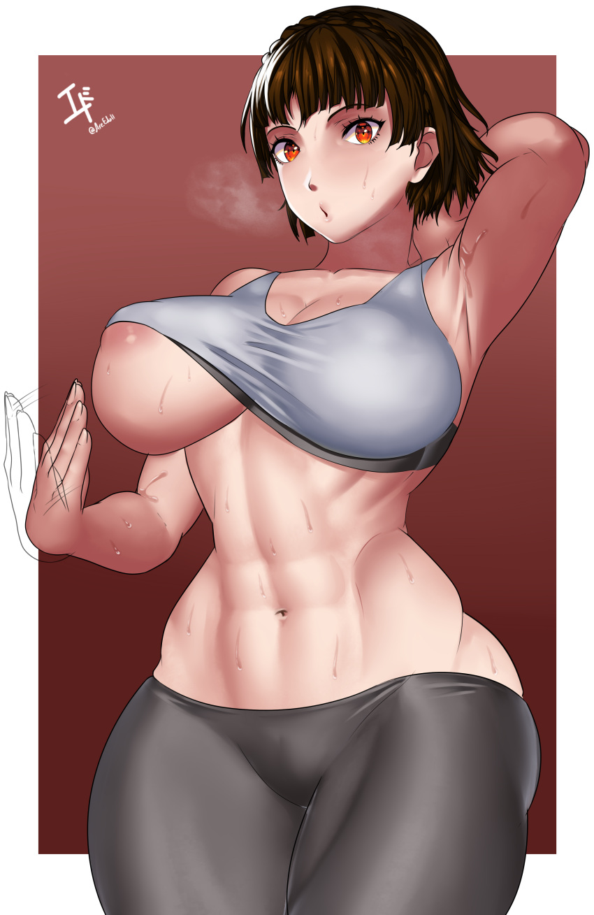 1girl alluring arcedo athletic_female atlus big_breasts breasts brown_hair crimson_eyes female_abs fit_female gym_pants looking_at_viewer makoto_niijima megami_tensei niijima_makoto nip_slip persona persona_5 sega silf sports_bra