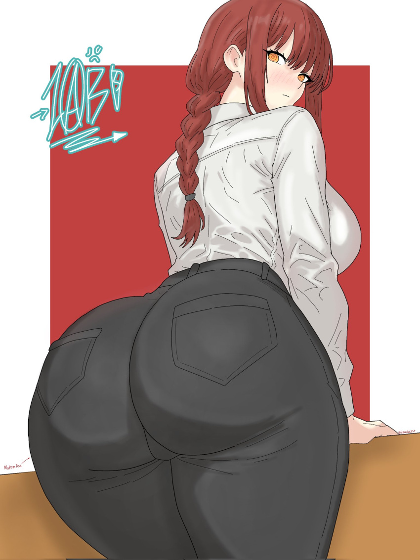 1girl ass blush breasts chainsaw_man drawlab33t huge_ass huge_breasts light-skinned_female light_skin looking_at_viewer looking_back makima_(chainsaw_man) thick_thighs thighs tied_hair