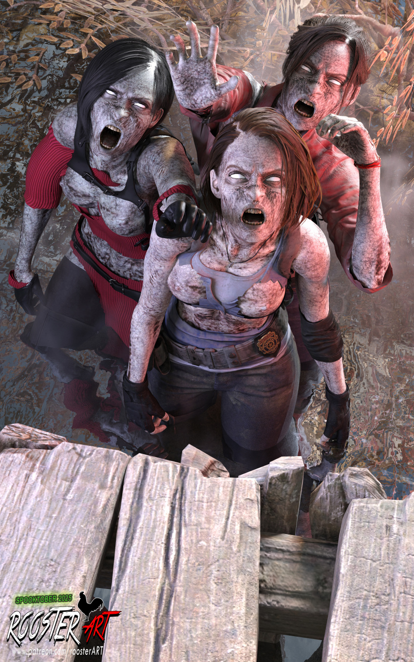 10:16 3_girls 3d 3d_(artwork) 4k ada_wong angry angry_face black_hair breasts breasts breasts brown_hair claire_redfield claire_redfield_(jordan_mcewen) dirty dirty_face dirty_skin female_focus fingerless_gloves halloween in_water jill_valentine jill_valentine_(sasha_zotova) medium_breasts monster_girl nipples open_mouth outside partially_submerged patreon patreon_username resident_evil roosterart spooky standing torn_clothes torn_clothing video_game video_game_character video_game_franchise white_eyes zombie zombie_girl