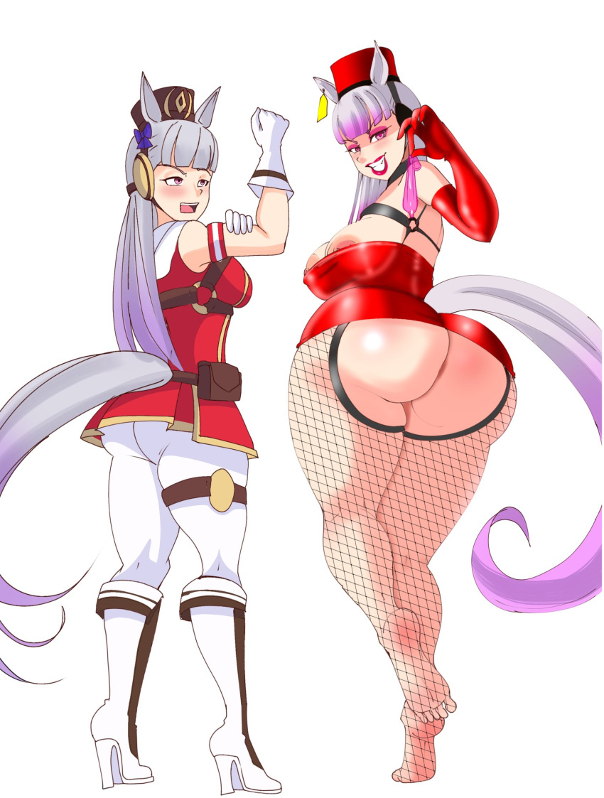 1girl areola areola_slip ass before_and_after bimbo bimbofication breasts condom fat_ass fishnet_legwear fishnets gigantic_ass gold_ship_(umamusume) grin horse horse_ears horse_girl horse_tail huge_breasts inkrait_(artist) light-skinned_female light_skin lipstick looking_at_viewer makeup nipples prostitute prostitution smile thick_thighs thighs uma_musume_-_pretty_derby umamusume used_condom white_background