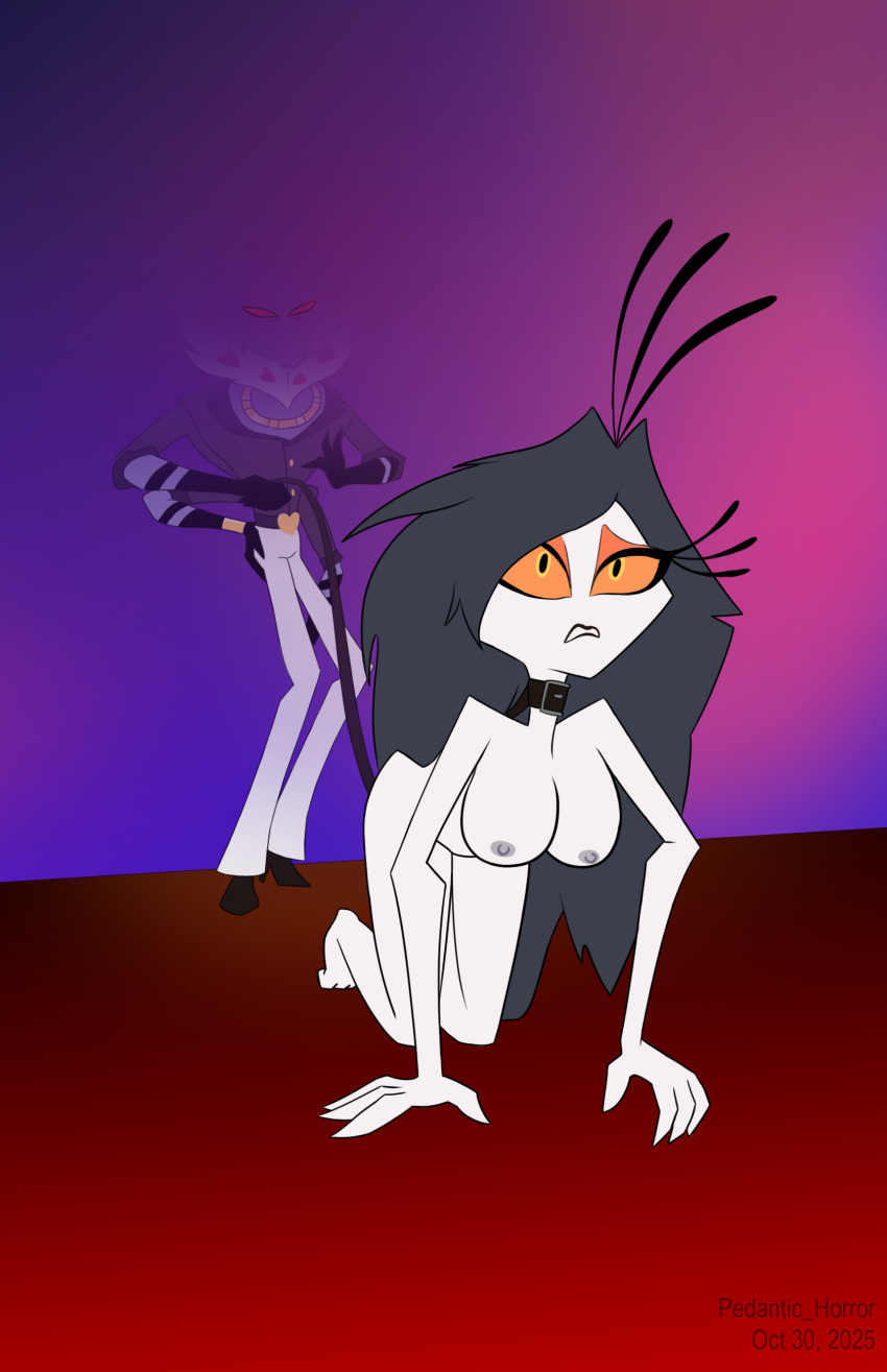bdsm breasts hazbin_hotel kneel long_hair nipples on_model overly_exposed_sinner petplay unnamed_black_haired_sinner valentino_(hazbin_hotel) vivienne_medrano vivziepop