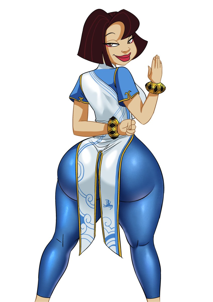 1girl 1girl 1girl alternate_ass_size arm_behind_back asian_clothing ass benjicomix black_female black_milf blue_pants bracelet brown_hair china_dress chinese_clothes chun-li_(cosplay) dark-skinned_female dark_skin disney disney_channel female_only huge_ass lips looking_at_viewer looking_back mature_female milf short_sleeves simple_background smile standing street_fighter street_fighter_6 the_proud_family tight_pants trudy_proud white_background