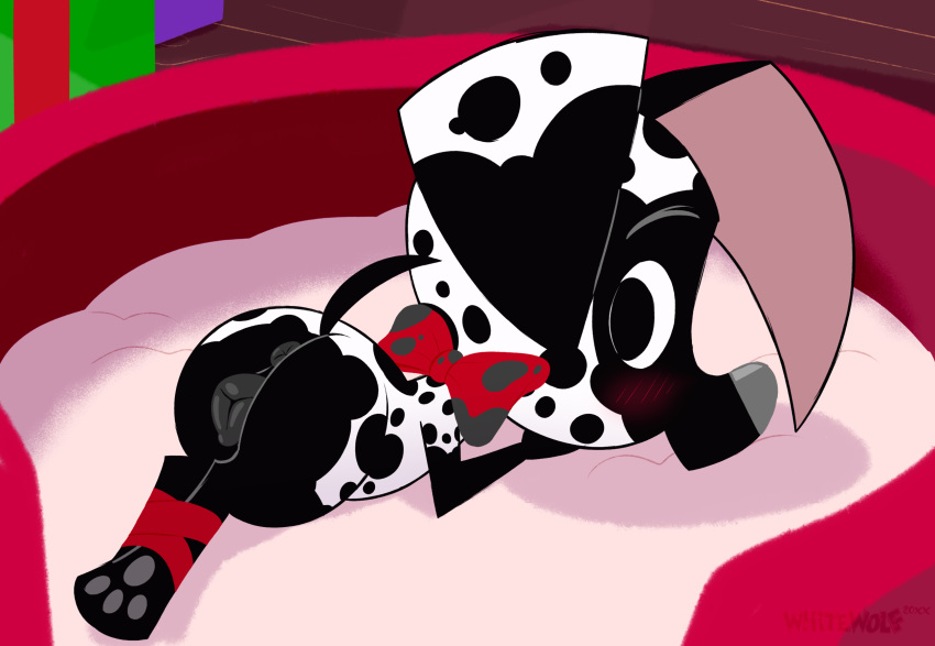 101_dalmatian_street 101_dalmatians 1girl anus blush bow butthole canine christmas cookie cub dalmatian disney disney+ disney_xd dog domestic dusty_dalmatian female/solo feral genitalia hindquarters legs oc paw paws present presenting pussy ribbon series_request sexy spots street tied up whitewolf20xx_(artist) young