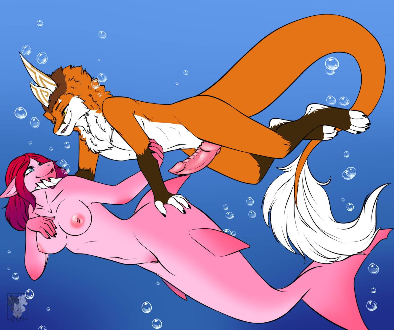 1boy 1girl breasts dragon eastern_dragon female knot male mermaid mershark nude original original_character penis pussy shark underwater werefox werefox_(character) wolfyakuga