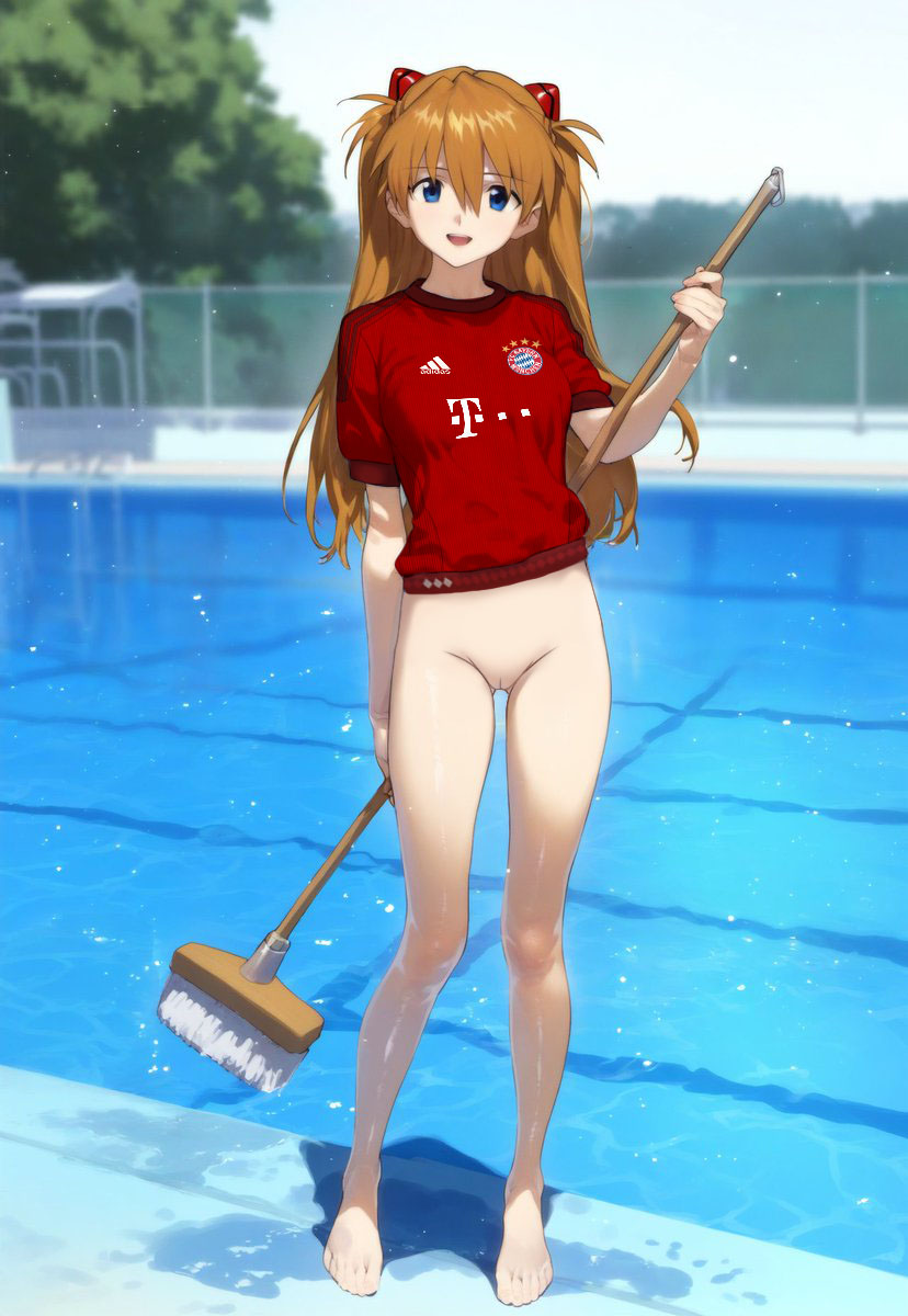 asuka_langley_souryuu bayern_munich blue_eyes bottomless long_hair looking_at_viewer nekom14 neon_genesis_evangelion no_panties no_pants orange_hair pussy soccer_jersey