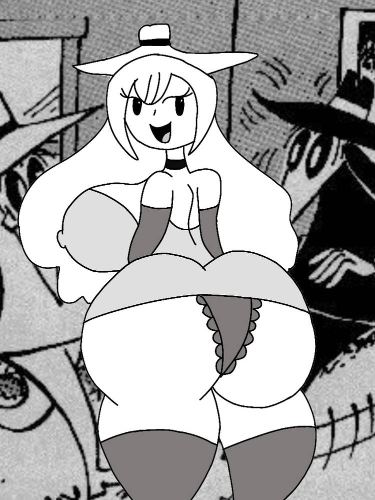 1girl ass background big_ass big_ass_(female) big_breasts big_butt black_eyes black_spy breasts breasts_bigger_than_head butt clothed clothing collar dress fanart female female_only grey_legwear grey_panties looking_at_viewer looking_back nipples nipples_visible_through_clothing panties rule_63 smile solo spy_vs_spy stockings superstarplasma thighs white_hair white_spy