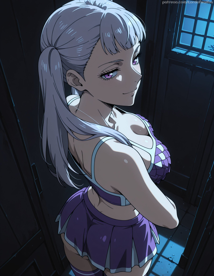 ai_generated back_view backboob bare_thighs big_ass big_ass big_breasts black_clover cheerleader fat_ass gigantic_ass grin huge_breasts huge_thighs light-skinned_female light_skin looking_back lord_of_waifus massive_ass massive_breasts noelle_silva purple_eyes silver_hair solo_female squatting sweat sweatdrop thick_body thick_female thick_thighs thighs twin_tails voluptuous voluptuous_female