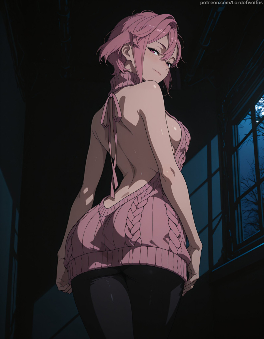ai_generated back_view backboob bare_thighs big_ass big_ass big_breasts big_breasts dandadan fat_ass gigantic_ass grin huge_breasts huge_thighs light-skinned_female light_skin looking_back lord_of_waifus massive_ass pantyhose pink_eyes pink_hair shiratori_aira_(dandadan) short_hair solo_female sweater thick_body thick_female thick_thighs thighs voluptuous voluptuous_female