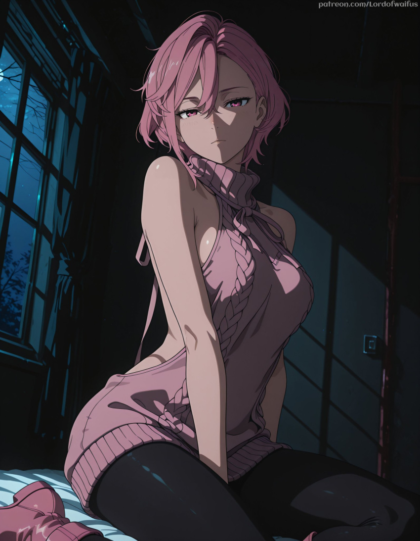 ai_generated bare_thighs big_breasts big_breasts dandadan huge_breasts huge_thighs light-skinned_female light_skin looking_at_viewer lord_of_waifus pantyhose pink_eyes pink_hair shiratori_aira_(dandadan) short_hair solo_female sweater thick_body thick_female thick_thighs thighs voluptuous voluptuous_female