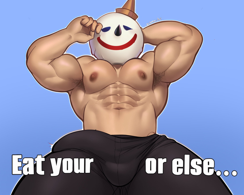 1boy 2023 arm_behind_head armpit_hair bara biceps big_bulge boner bulge clothing english_text erection erection_under_clothes huge_bulge jack_box jack_in_the_box llamasart looking_at_viewer male male_focus male_nipples male_only mascot mascots masculine_male muscular muscular_arms muscular_chest muscular_male nipples object_head pecs penis penis_outline solo_male text tight_clothing toony yaoi