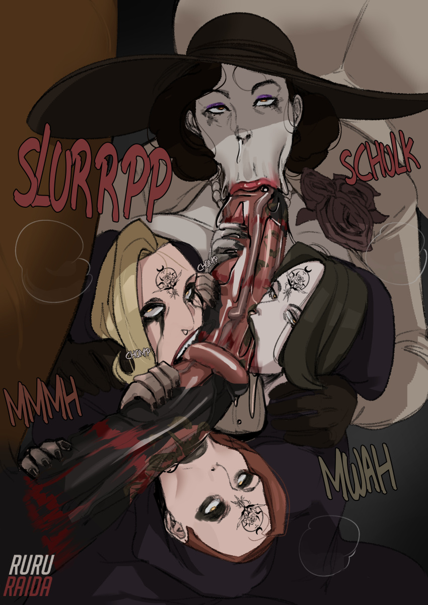 1animal 1boy 1girl 2d 4girls :>= alcina_dimitrescu animal_genitalia animal_penis ass bela_(resident_evil) big_ass big_penis biting_penis black_hair blonde_hair brown_hair capcom cassandra_(resident_evil) collaborative_fellatio daniela_(resident_evil) dark-skinned_male dark_skin deepthroat_mark fellatio hat horse horsecock huge_ass huge_cock interspecies large_penis larger_female lipstick lipstick_mark makeup_running male mascara_tears multiple_females multiple_girls oral penis quadruple_fellatio rainbow_party resident_evil resident_evil_8:_village ruined_makeup ruru-raida straight sucking sucking_penis tattoo teamwork vacuum_fellatio vampire veiny_penis zoophilia