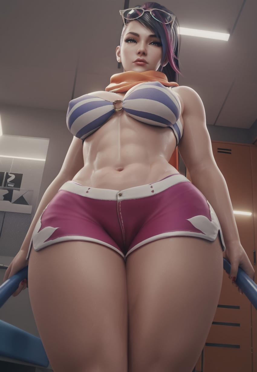 1girl 1girl 1girls 3d abs ai_generated ass big_ass big_breasts bikini_top breasts child_bearing_hips curvaceous curvaceous_ass curvaceous_body curvaceous_female curvaceous_figure curvaceous_hips curvaceous_thighs curvy curvy_body curvy_female curvy_figure curvy_hips curvy_thighs female_focus female_only fiora_laurent generalbutch_(style) huge_breasts large_ass league_of_legends looking_at_viewer multicolored_hair nipples ponytail scarf shorts sodaglow_artist sunglasses swimsuit thick thick_ass thick_butt thick_hips thick_legs thick_thighs undercut voluptuous voluptuous_female waifu