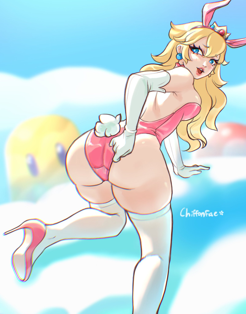 1girl alternate_costume animal_ears arm_support ass back bare_ass bare_shoulders bent_over big_ass blonde_female blonde_hair blue_earrings blue_eyes blurry blurry_background blush breasts bunny_girl bunny_tail bunnysuit chiffonfae chiffonfae_(artist) cloud crown day detached_collar earrings elbow_gloves eyebrows_visible_through_hair fake_animal_ears female_only female_solo footwear from_behind gloves gold_jewelry hair_between_eyes half-closed_eyes high_heels jewelry legwear leotard lips lipstick long_hair looking_at_viewer looking_back makeup medium_breasts nintendo on_cloud open_mouth outside pink_bunny_ears pink_detached_collar pink_footwear pink_high_heels pink_leotard pink_lipstick princess princess_peach shadow sideboob sky smile stockings strapless strapless_leotard streaked_hair super_mario_bros. tail wavy_hair white_gloves white_legwear white_thighhighs