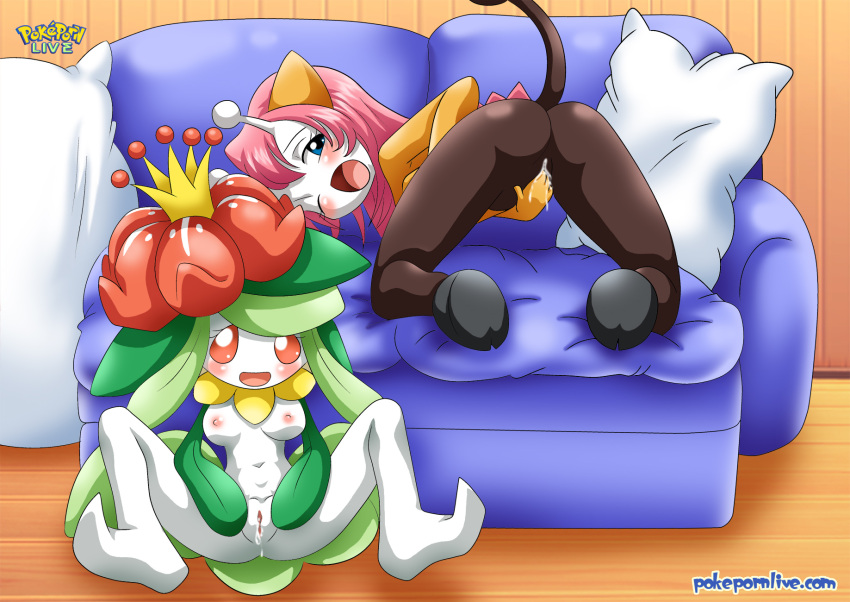 2girls anthro ass bbmbbf blush breasts couch female female_only fingering fingering_pussy fingering_self girafarig lilligant looking_at_viewer masturbation nintendo nipples nude one_eye_closed open_mouth palcomix pillow pokemon pokemon_(species) pokepornlive pussy pussy_juice tongue