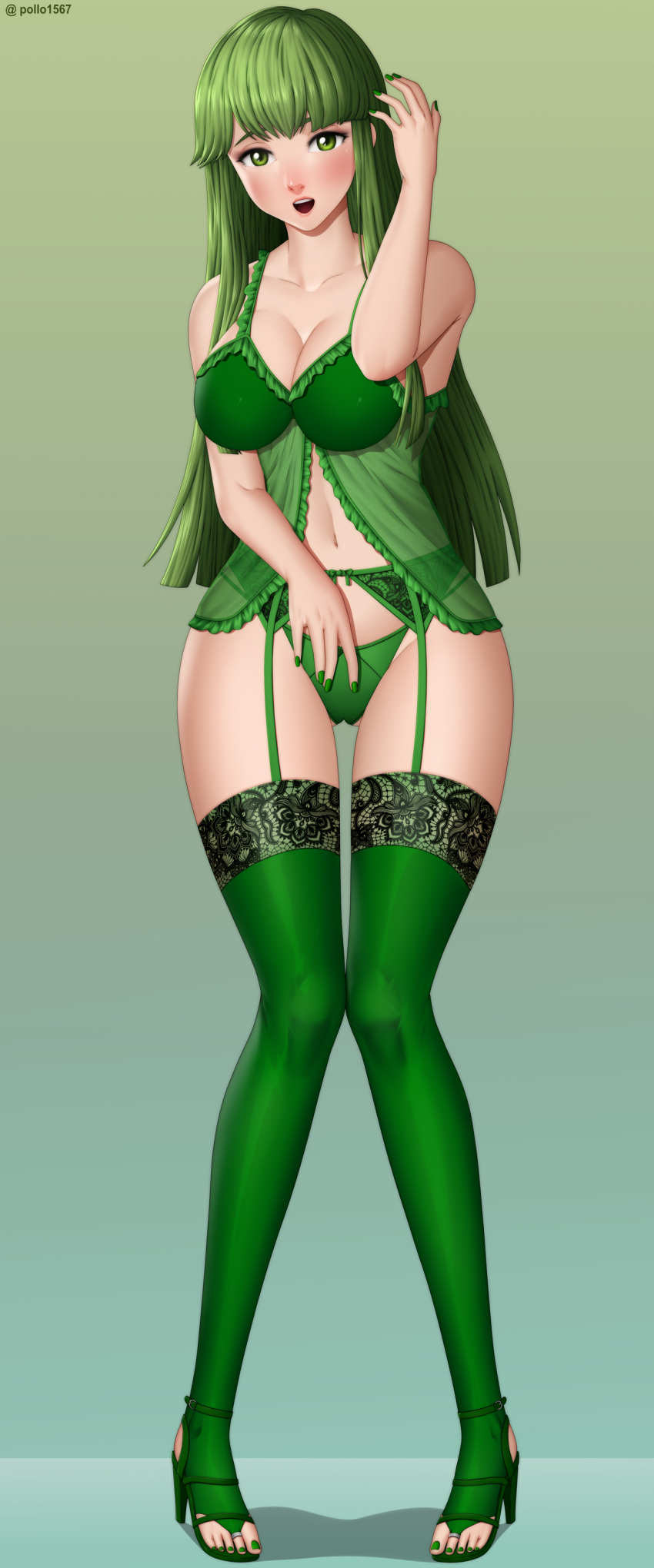 1girl 1girl 1girl adjusting_hair alluring arm_up ass_visible_through_thighs bangs bare_arms bare_midriff bare_shoulders bare_thighs big_breasts blue_background cleavage collarbone female_only fire_emblem fire_emblem:_mystery_of_the_emblem fire_emblem:_shadow_dragon_and_the_blade_of_light full_body garter_belt gradient_background green_background green_eyes green_hair green_nails green_panties high_heel_sandals high_heels intelligent_systems lingerie looking_at_viewer midriff nail_polish nightgown nintendo open_mouth palla_(fire_emblem) panties pollo1567 sandals see-through shoulders silf simple_background smile stockings thighs underwear very_long_hair