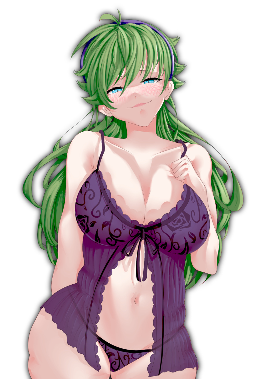 1girl 1girl 1girl aged_up alluring alternate_breast_size bare_shoulders big_breasts big_breasts blue_eyes cleavage fire_emblem fire_emblem:_the_blazing_blade green_hair intelligent_systems lingerie long_hair mature mature_female milf negligee nightgown nino_(fire_emblem) nintendo panties purple_panties seductive seductive_smile smile solo_female thick_thighs transparent_background zogenji